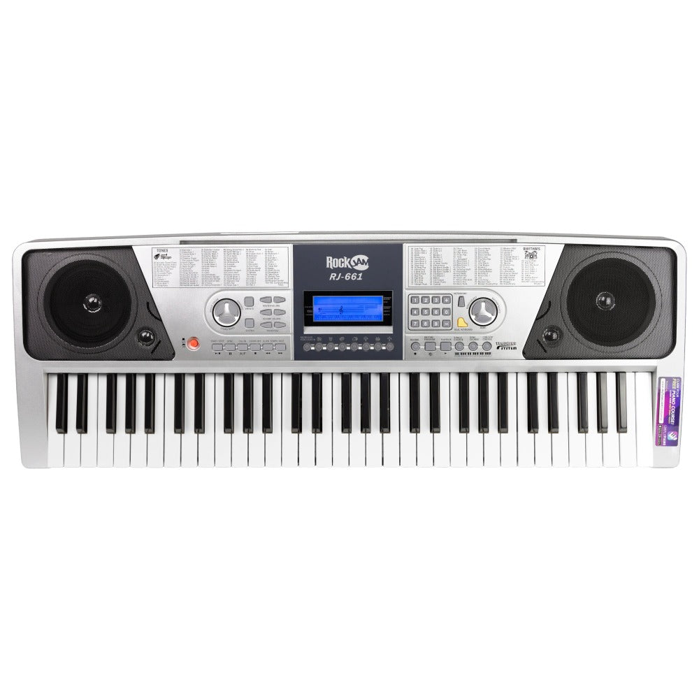 RockJam 61 Key Keyboard Piano with Pitch Bend Kit, Keyboard Stand, Piano Bench, Headphones, Simply Piano App & Keynote Stickers : : Musical Instruments