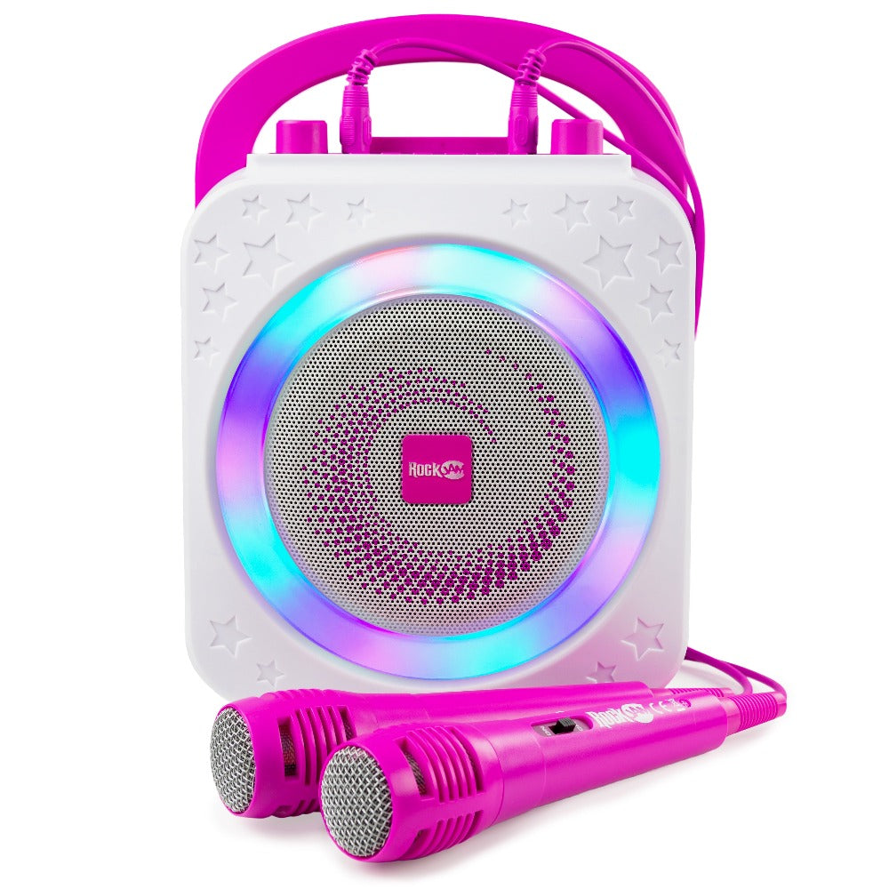 RockJam 150 Karaoke Machine Pink Front with Mics